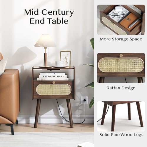 Image of JOINICE Mid Century Modern Nightstand Set of 2 with Charging Station | Rattan Bedside Table with Storage, Walnut Boho End Table with Wooden Legs, Suitable for Bedroom, Living Room, Easy Assembly