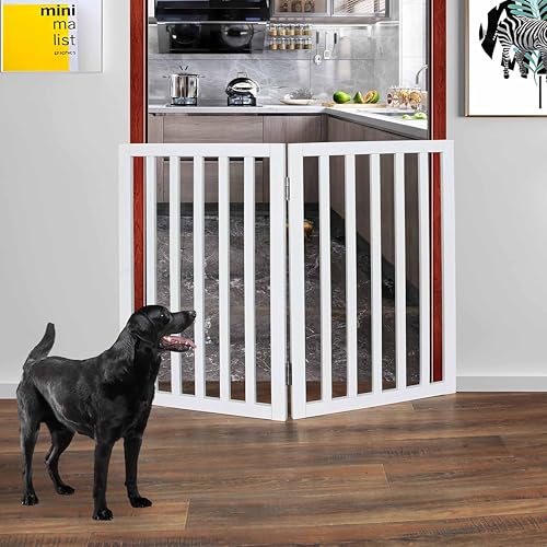 Image of Belief Foldable Wooden Pet Gate for Dogs & Cats - Indoor Safety Barrier for Doorways, Hallways & Stairs | Free-Standing, Portable White Dog Fence - 3 Panel, 60 cm Height (【2 Panels 】 39''W x 30''H)