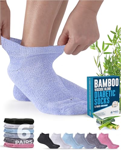 Doctor's Select Viscose Bamboo Ankle Diabetic Socks for Women and Men - 6 Pairs | Quarter Diabetic Socks for Men 9-12 | Edema Socks | Black, White, Light Blue, Blue, Purple, Pink