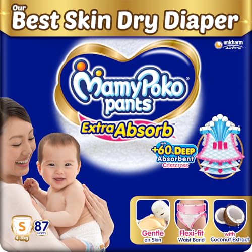 Image of MamyPoko Pants Extra Absorb Baby Diapers, Small (S size) | 4-8 kg | 87 Count |Deep Sleep Diapers| Soft gentle fit |Deep Absorbent Crisscross | skin friendly with coconut oil |