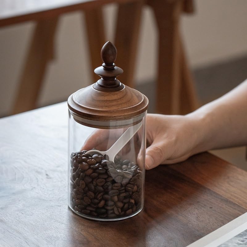 Glass Storage Jar with Walnut Wooden Lid - Airtight Sealed Clear Glass Canister for Coffee Beans, Nuts, Loose Leaf Tea, Sugar, Spice, Candy