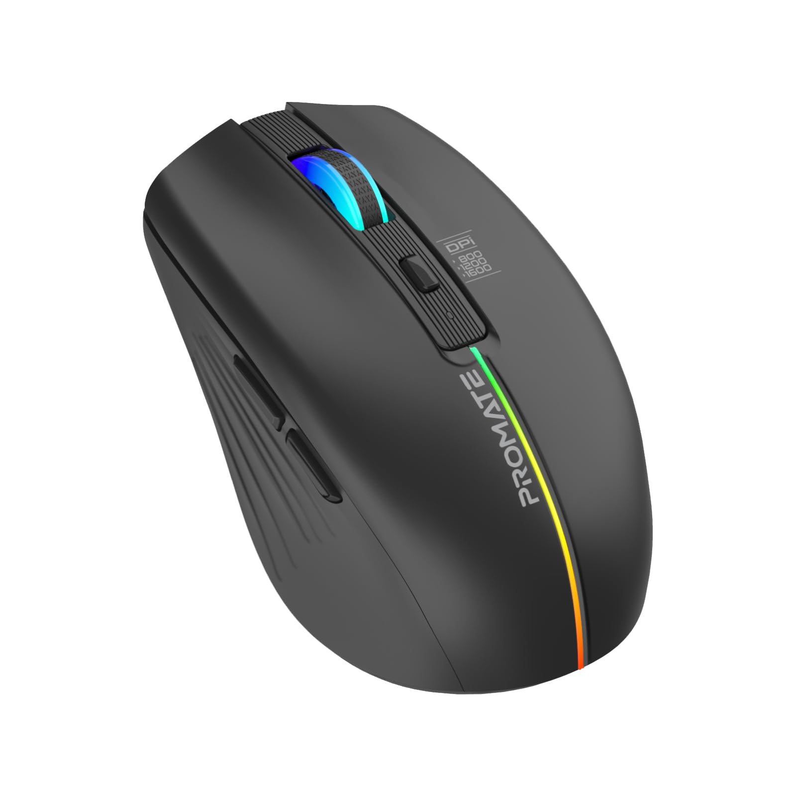 Promate Wireless Mouse, Ergonomic 500mAh Rechargeable LED Backlit Mice with Adjustable 1600DPI, 6 Functional Buttons, RGB Modes and 2.4Ghz Wireless Transmission for MacBook Air, XPS 13, Kitt Black
