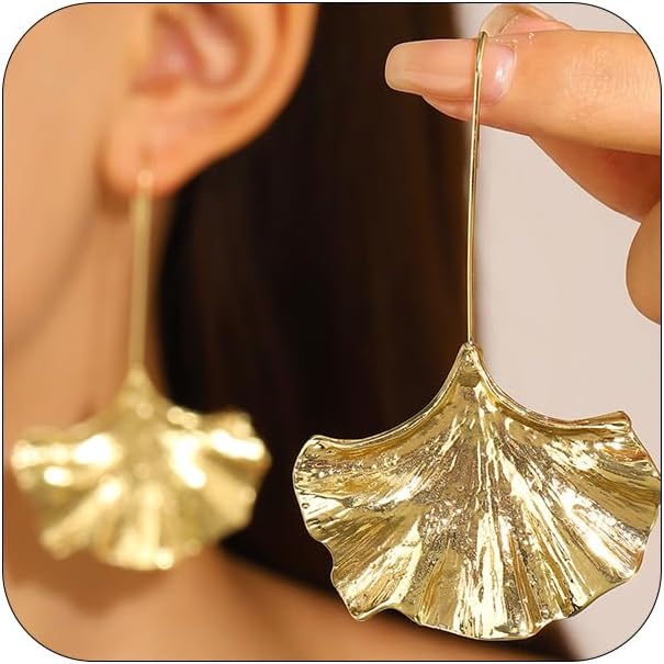 Vintage Gold Ginkgo Leaf Dangle Earrings Statement for Women, Boho Big Silver Leaves Drop Ear Hook Earring Long Line Hanging Trendy Party Jewelry Gift