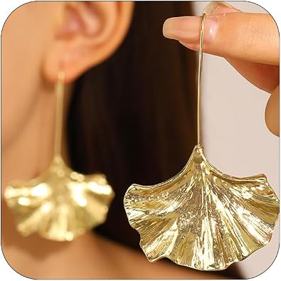 Vintage Gold Ginkgo Leaf Dangle Earrings Statement for Women, Boho Big Silver Leaves Drop Ear Hook Earring Long Line Hanging Trendy Party Jewelry Gift