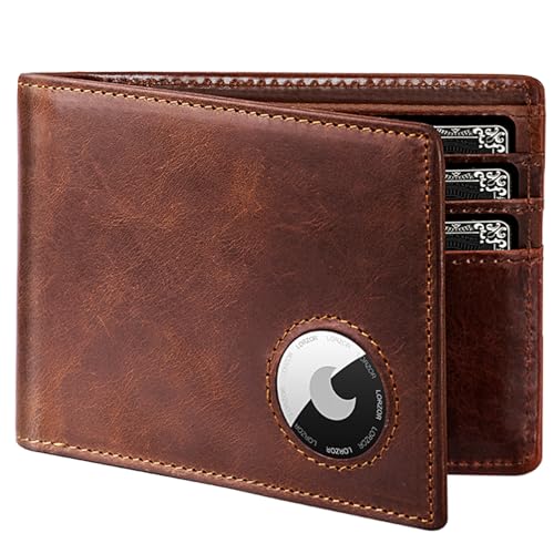 AirTag Wallet- Bifold Full Grain Leather AirTag Wallet for Men, Minimalist Front Pocket Wallet with Airtag Holder, RFID Blocking, 12 Card Capacity Gift for Men(Vintage Brown)