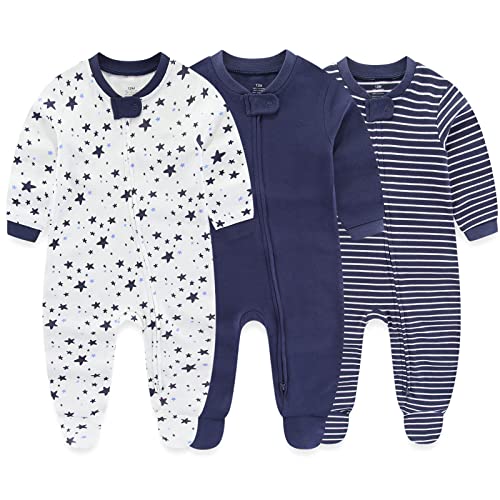 Newborn Baby Boy Girls Clothes 2-Way Zip Footed Cotton Bodysuit 3-Pack Long Sleeve Outfits 0-12Months Baby Pajamas