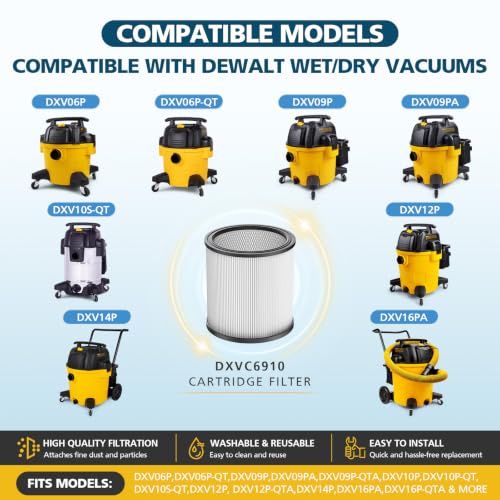 Image of DXVC6910 Vacuum Filter Replacement for DEWALT DXV06P DXV09P DXV10P DXV10PL | for DEWALT DXV10SA DXV12P DXV14P DXV16P Wet /Dry Vac Vacuum Cleaner (NOT fits for DXV04T DXV05P DXV05S DXV06G DXV08S) 2 Pack