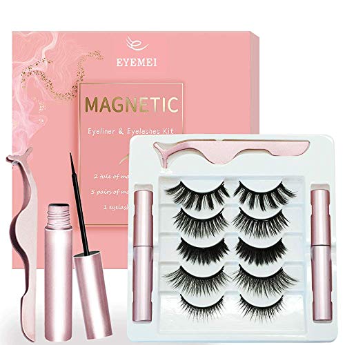Magnetic Eyelashes with Eyeliner Magnetic Eyeliner Kit Natural Magnetic Eyelashes Lashes Tweezers Easy to Wear and Reusable 5-Pairs
