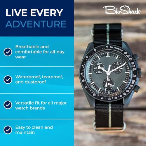 Image of BluShark - Original Collection Military-Style Waterproof Watch Strap, Fits All Timepiece Brands, Durable Nylon Wristwatch Accessories with Stainless Steel Buckle - 18mm, 20mm, 22mm & 24mm Watch Bands