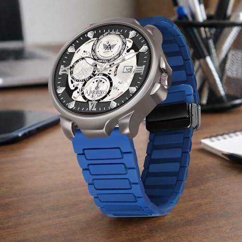 Image of Chronograph Look Gun Metal Round Dial Date Working Arabic Magnet Silicone Strap Watch for Men