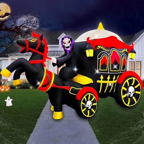 SEASONBLOW 10 Ft Long Halloween Inflatable Horse Carriage Decoration LED