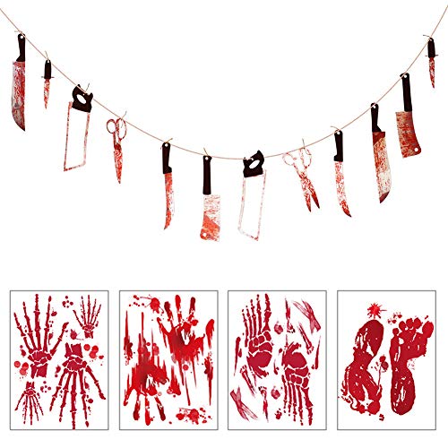 Halloween Bloody Garland Decorations, Halloween Bloody Props Weapons Banners Garland and Bloody Handprints and Footprints Window Stickers Vampire Zombie Party Decorations Supplies (6 Pieces)