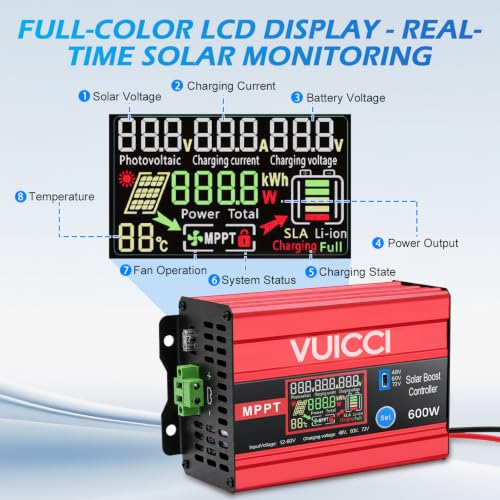 Image of 15A Boost MPPT Solar Charge Controller 600W | 12-60V to 48V /60V /72V Step-Up | LiFePO4 /Ternary Lithium /Lead-Acid /AGM /Gel | Color LCD | 99% Tracking | RV Golf Cart Off-Grid | 1-Year Warranty