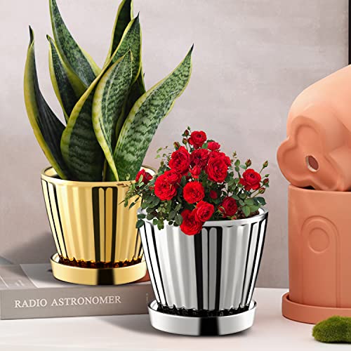 Gohearin Medium Ceramic Indoor Planters With Saucer - 6.6 Inch And 5.4 Inch Plant Pots 2 Set Cylinder Flower Pot With Modern Design For Cactus Succulent Garden Decoration Gift (Silver) #TOP5