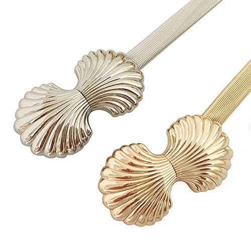 Metallic Skinny Waist Band Elastic Waist Belt Metal Dress Belt Waist Chain Belt Cinch Belt Waistband 1cm Wide (Gold Shell)2