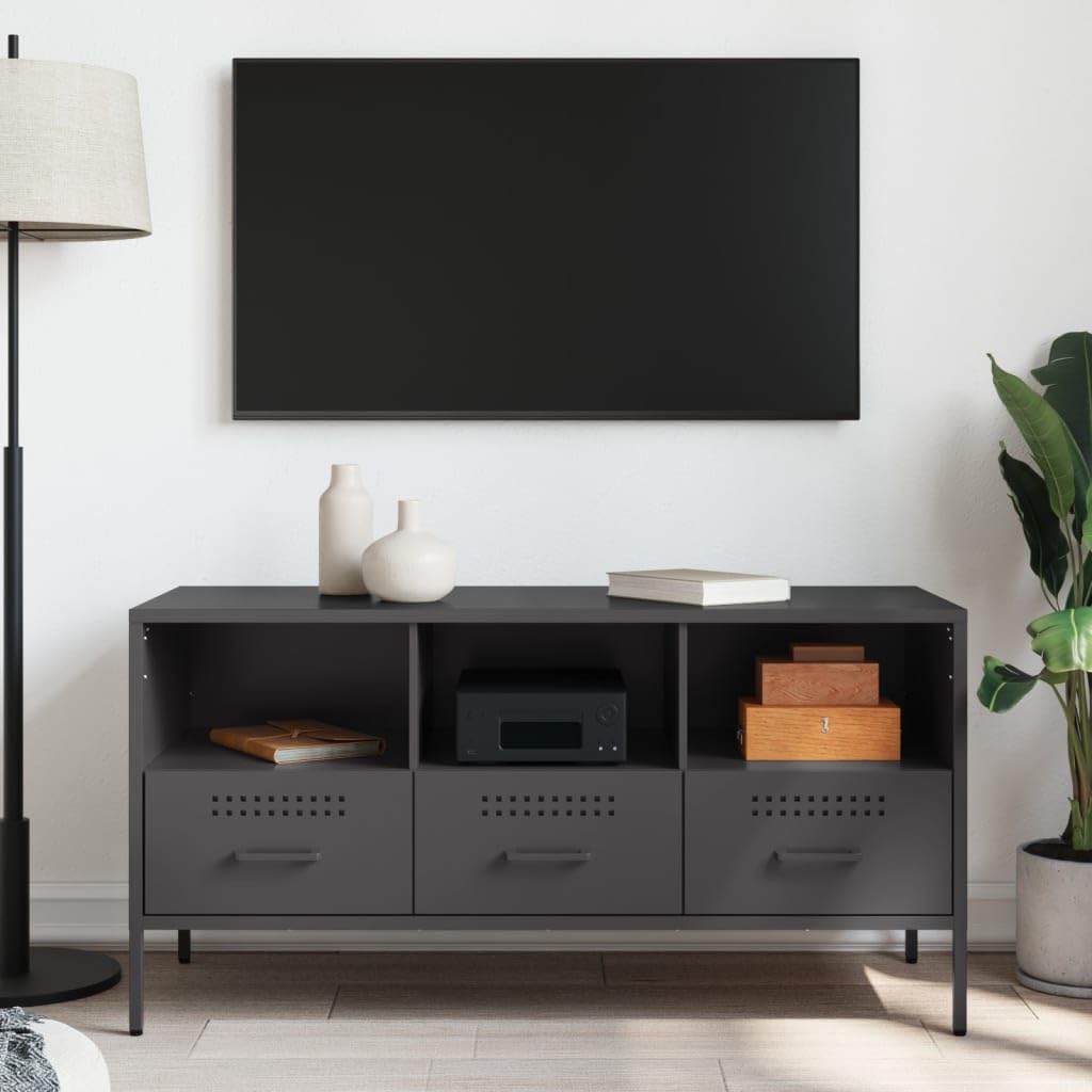 Genérico Mueble TV Negro 100,5x39x50,5 cm Acero | Estilo industrial, 4 patas ajustables, almacenamiento para revistas y DVD, montaje en pared incluido