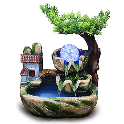 Tabletop Water Fountain Indoor Waterfall Fountains with LED Light & Atomization Indoor Fountains & Accessories Resin Home Deco with Pine Tree, Small Ponds and Small House and Bridge