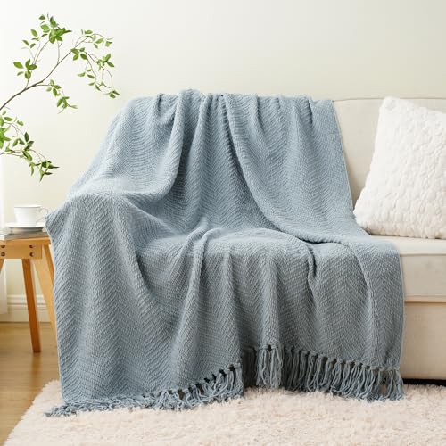 Image of BATTILO HOME Blue Grey Chenille Throw Blanket for Couch, 60 inchx80 inch