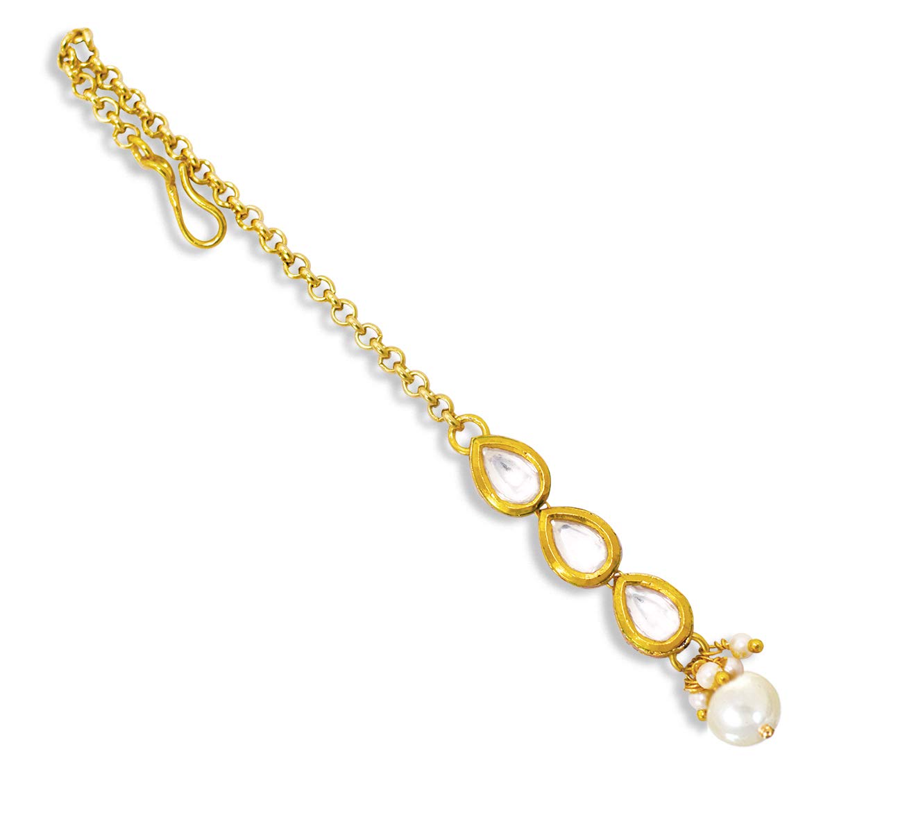 Jewelopia Kundan Maang Tikka Traditional South Polki Pearl Dropping Forehead Jewellery Tikka for Women Girls (Gold) (B08F3NLXG8) Amazon Price History, Amazon Price Tracker