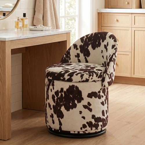 HNY Cow Print Swivel Vanity Chair with Storage and Folding Back Makeup Vanity Stool No Assembly Needed Round Storage Ottoman Small Accent Chair for Dressing Room Bedroom Living Room