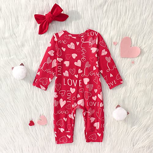 Ritatte Infant Baby Girls Valentine's Day Romper Newborn Love Heart Print Long Sleeve Jumpsuit One Piece Outfit +Headband(Red, 18-24M(100)) #TOP6