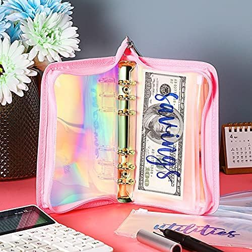 13 Pieces Rainbow Soft PVC Notebook Cover Binder Budget Envelopes System Budget Planner Organizer 6-Ring Binder Cover with Binder Zipper Pockets Binder Zipper Folder (Laser Pink,A6)