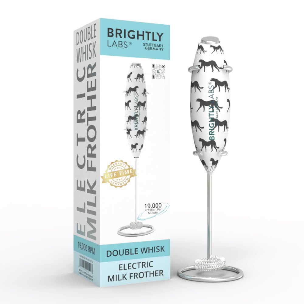 Brightly Labs Powerful Milk Frother for Coffee with Upgraded Titanium Motor - Handheld Frother Electric Whisk, Milk Foamer, Mini Mixer & Coffee Blender Frother for Frappe, Latte, Matcha, with Stand