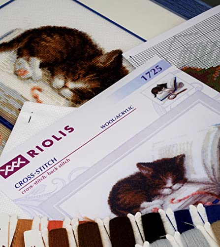 Image of RIOLIS - Kitten on the Book 1725, Cat Lovers Cat Cross Stitch Kits 11,81 inch x9,45, Cross Stitch Kits for Beginners & Advanced, Crossstitching Kits Adult, Counted Stitching Kits, Kitten Embroidery Kit