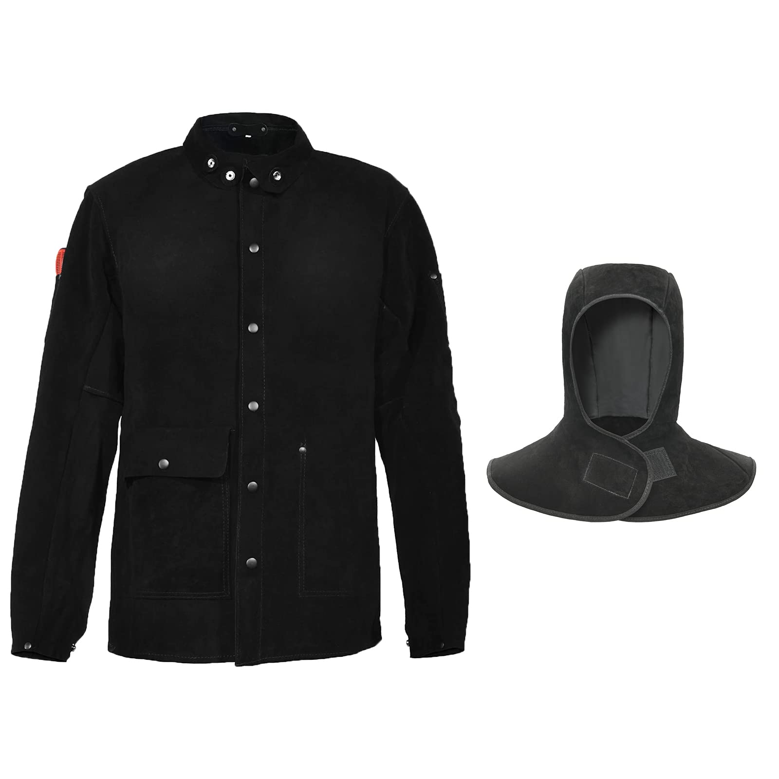 Black Leather Welding Jacket with Hood, Heavy Duty FR Split Cowhide Leahter Work Safety Jackets, Welder Jackets for Men & Women(2XL)