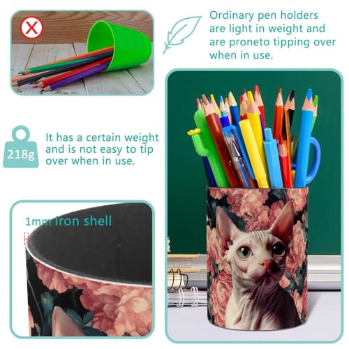 Pot à crayons original motif chat sans poils et fleurs roses pour offrir - 4