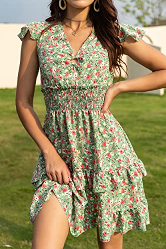 Image of PRETTYGARDEN Womens Summer Dresses Boho V Neck Floral Print Ruffle Sleeve Layered Mini Dress Cute Smocked Waist Short Dress