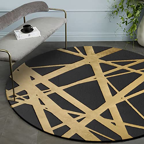 makeups58 Alfombras Redonda Alfombras Sala de Estar Pelo Corto Alfombra Decorativa para Sillon Salon Cocina Gold Cross Lines Black Background,ø 60CM