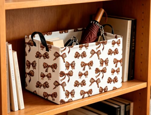 Image of CLOCOR Rectangular Storage Basket,Waterproof Books Box with Handles,Gift Basket(Leopard Print Bow)