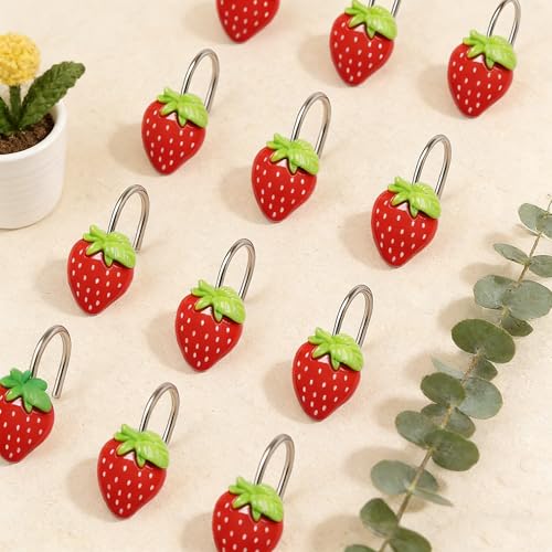 Image of 12-Piece Strawberry Shower Curtain Hooks, Decorative Resin Fruit Shower Curtain Rings, Suitable for Bathroom Decor, Compatible with Standard Shower Curtain Rods