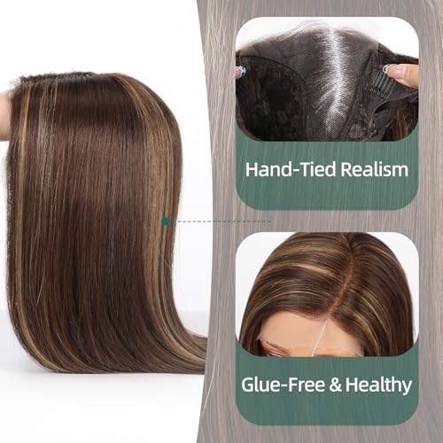 Image of 5x5 Lace Front Wigs for women,Human Hair Blonde Straight Glueless with Free Part & Pre Plucked Natural Hairline 16 Inch(Dark Brown Highlights)