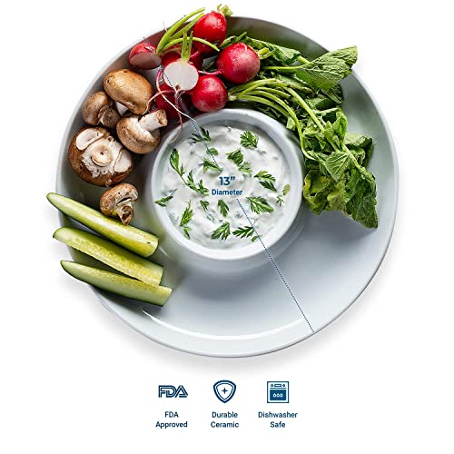 Kook Ceramic Chip & Dip Platter, Large Serving Dish, Round Tray For Snacks And Appetizers, With Bowl For Guacamole, Hummus, Dishwasher Safe, 13 Inch, White #TOP4