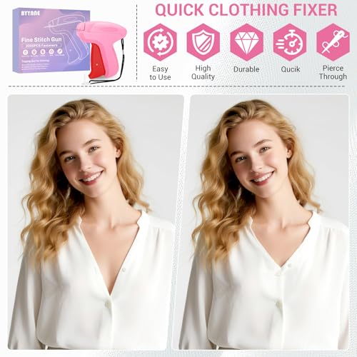 Image of Stitch Gun for Clothes - Handheld Quick Clothing Fixer - Tagging Gun for Clothing, Sewing Kit - Includes 6 Fine Needles, 1000 White & 1000 Black Fasteners (Pink Red)