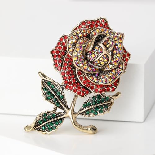 Image of YOQUCOL Elegant Cubic Zirconia Crystal Rhinestone Red Rose Shape Brooch Pin for Women Grils