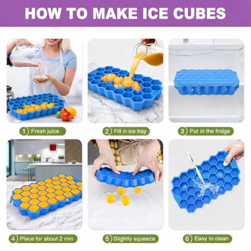 Image of Auram Hexagonal Silicone Ice Tray Blue, Flexible BPA-Free Ice Cube Mold with Easy Release, Reusable Freezer Tray for Ice Cubes, Whiskey, Cocktails & Chocolate (Pack of 2)