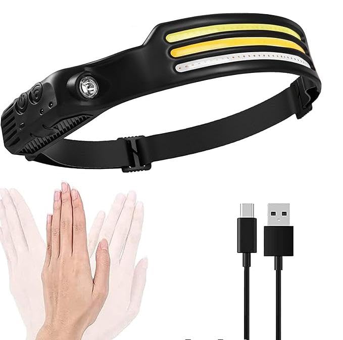 Rechargeable LED Headlamp Flashlight with 230° Wide Beam, Dual COB Light, Motion Sensor, 5 Lighting Modes, Waterproof Head Light for Running, Camping & Hiking (3 Line Light)