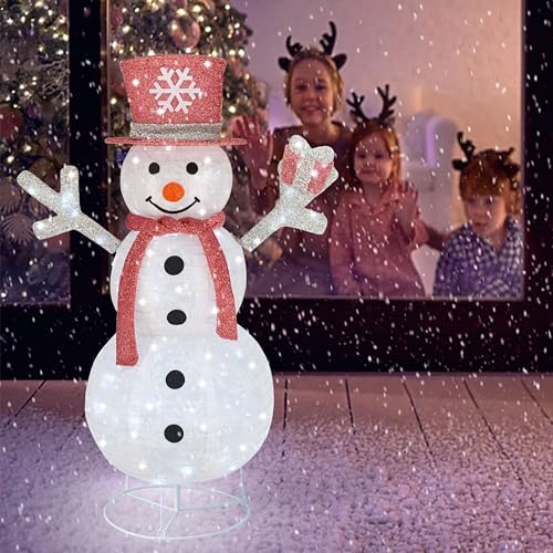 Outdoor Snowman Lighted Pop-Up Snowman Outdoor Yard Holiday Decorations Prelit 100 Lights Collapsible Lighted Snowmen Wear Scarf and Hold Light Up Gift Box for Pink Christmas Dcor-Pink