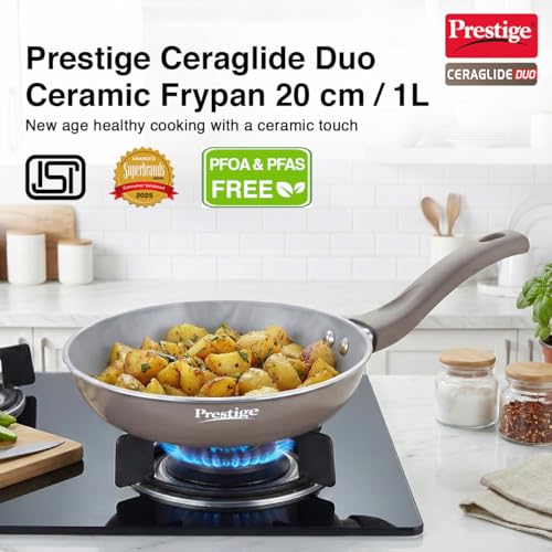 Image of Prestige Ceraglide Duo Frypan 20Cm /1L Non-Stick Ceramic Coating|Works On Gas & Induction|High Heating|Cool Touch Handle|Grey