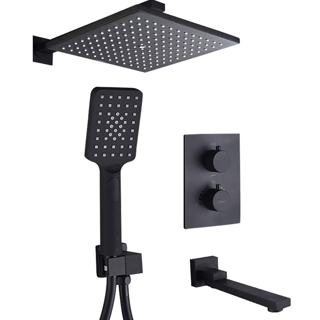 OZBMA Shower Set System, Brass Thermostatic Faucets Black with 8-12 Inch Bathroom Rain Diverter Tub Taps and Handheld Shower, Wall Mounted Set,8 inch (size_name 8 Inch)