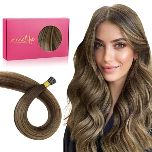 WENNALIFE I Tip Extensions de cheveux humains, 50 g, 100 s, 35 cm, balayage, marron chocolat à blond caramel, extensions de cheveux humains naturels