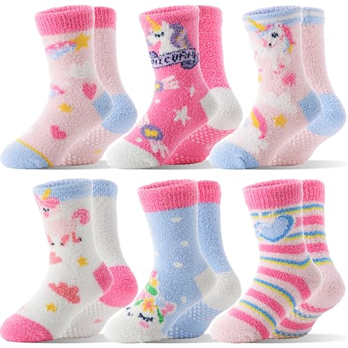 MOGGEI Kids Girls Toddlers Fuzzy Slipper Grips Socks Non Slip Warm Winter Fluffy Cozy Thick Fun Crew Hospital Gripper Socks 6 Pairs Christmas Gifts Stocking Stuffers(Unicorn 3-6 Years)