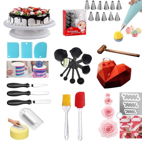 Image of Cake Decoration Kit with 360-Degree Rotating Turntable Table,12 Piece Cake Decorating Nozzle,Heart Shape Mould with Hammer, Scraper Set, Silicone Spatulaa,3 Knif (All Product Reusable & Washable)