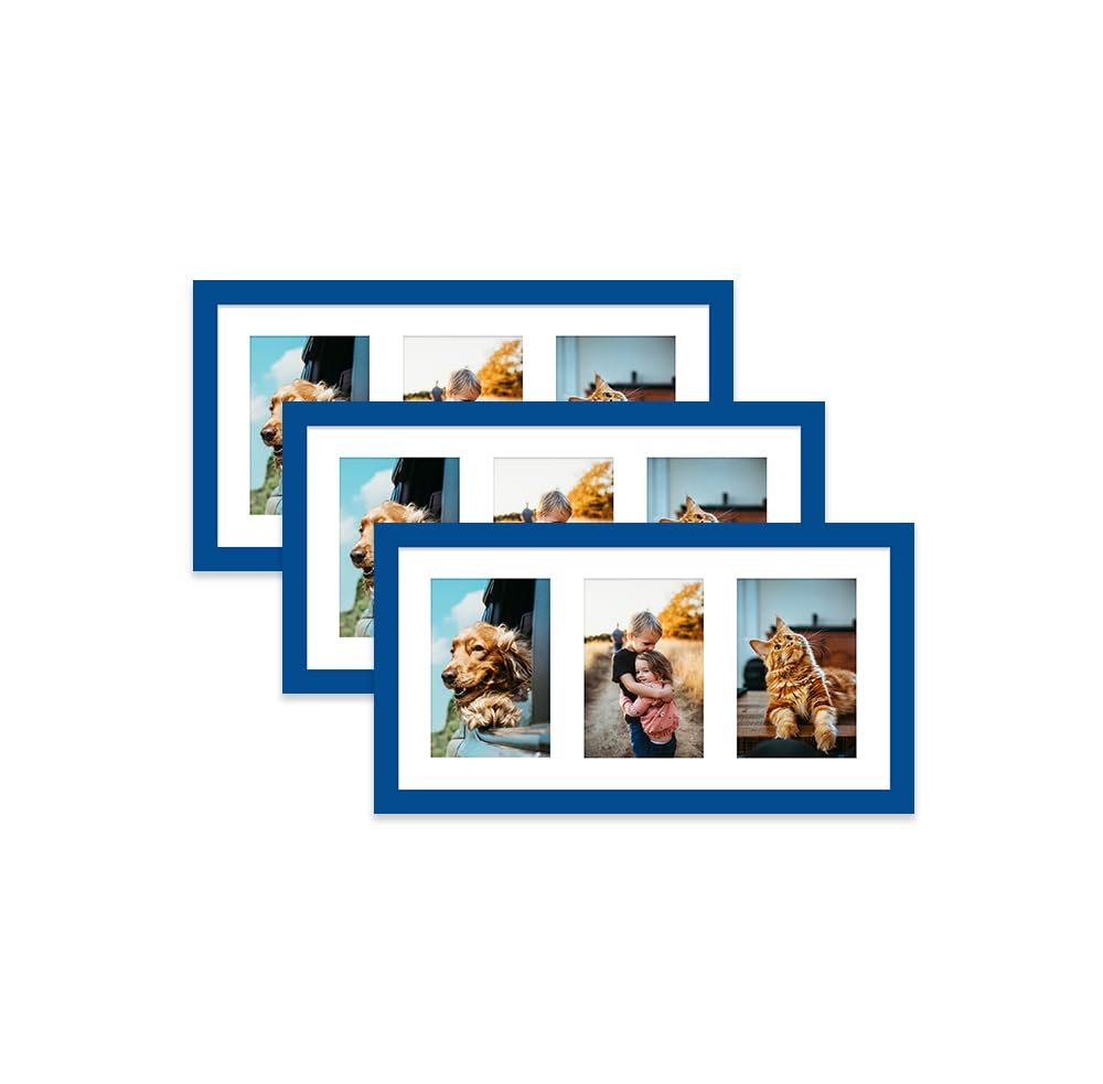 Blue Multi Photo Frame - Holds 3 x 6x4 Pictures, Family Collage Picture Frame for Wall Display, 8x16 Panoramic Frame Size, Set of 3