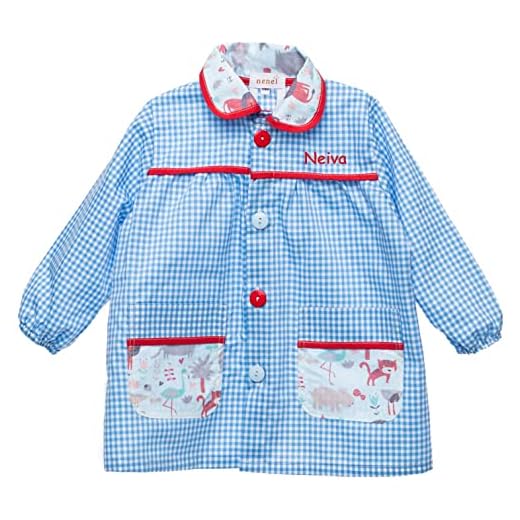 Borda y más Mandilón, babi o Bata Escolar para Colegio o guardería Bordado con el Nombre del NIÑO/NIÑA. Modelo Cute Animals. Tallas y Colores Disponibles (Celeste/Marino, 1-2 Años)