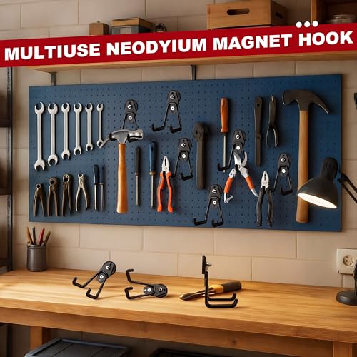 Image of Landhoow 34 Pcs Large Magnetic Hooks Heavy Duty Garage Magnet Hooks Strong Storage Utility Magnetic Hangers with Anti Slip Rubber Coating for Indoor and Outdoor Hanging (Black)