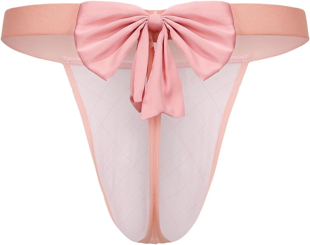 Men's Sheer Mesh Thong, Pink Detachable Bow Underwear, Low Rise Tight Fit High Stretch Briefs